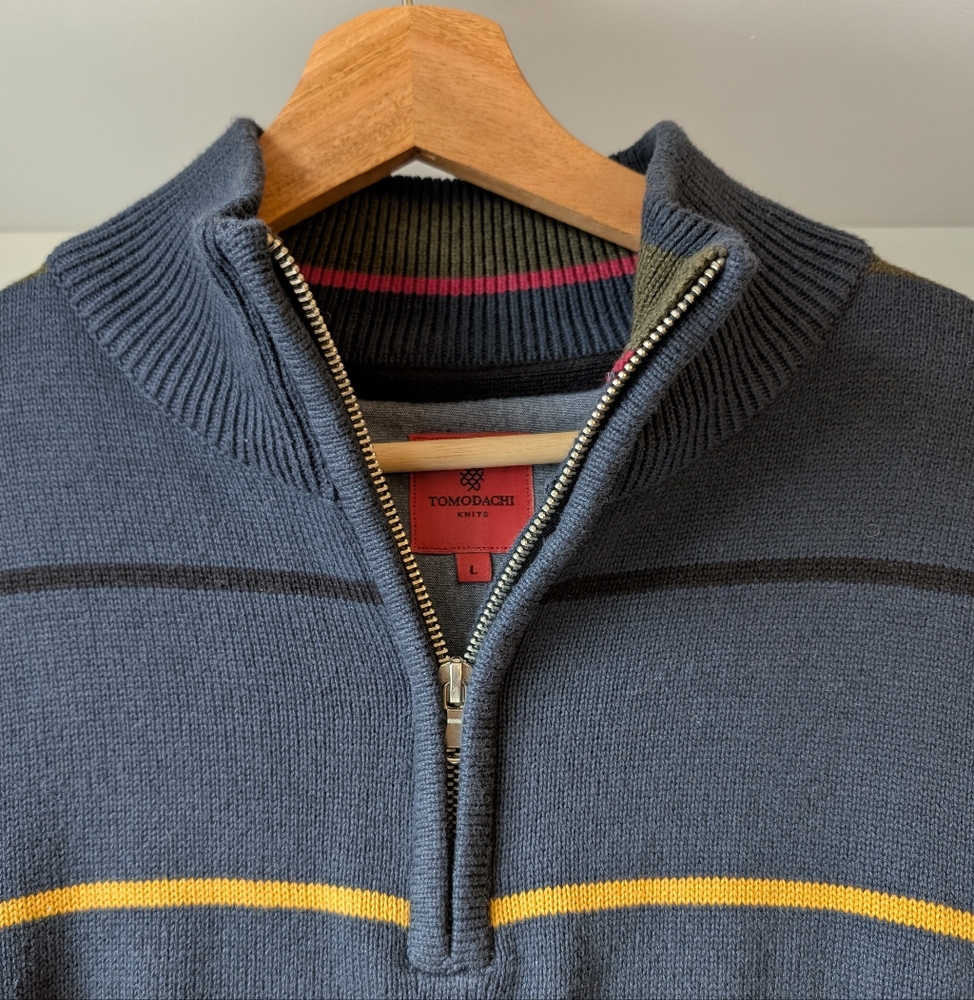 Tomodachi Men's Knit Sweater Navy Blue Striped 1/4 Zip Cotton Size Large Preppy - Picture 2 of 8